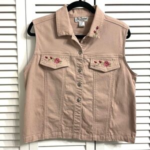 St Joanne Pink Denim Vest Embroidered Rose Vintage Sz M Cottage Western Grandma